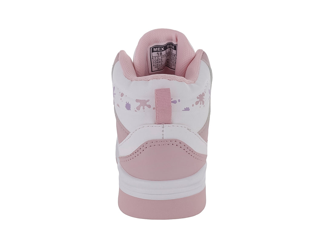 Tenis deportivos para Niña en colores blanco, lila y rosa con cierre de agujetas y correa de velcro.