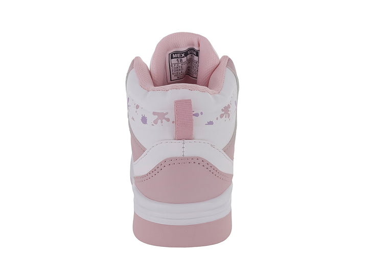 Tenis deportivos para Niña en colores blanco, lila y rosa con cierre de agujetas y correa de velcro.