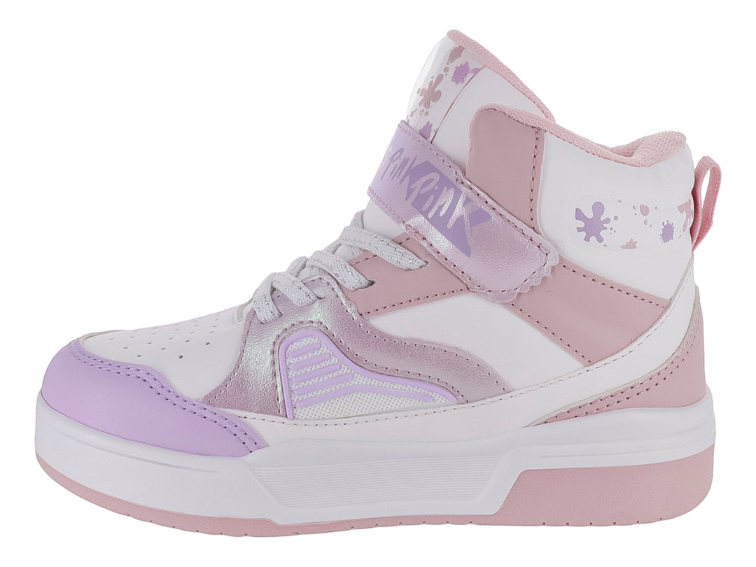 Tenis deportivos para Niña en colores blanco, lila y rosa con cierre de agujetas y correa de velcro.