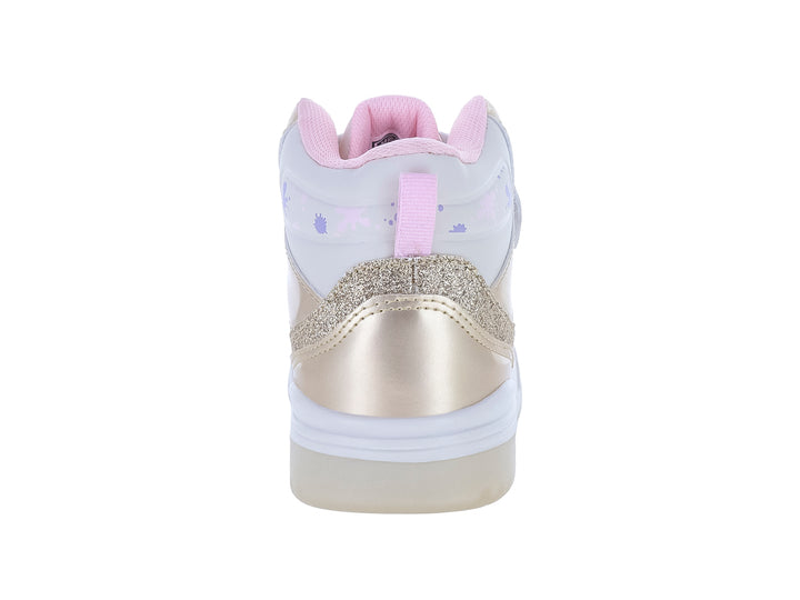 Tenis deportivos para niña en color oro con detalles brillantes, blanco y rosa, cierre de agujetas y correa superior.