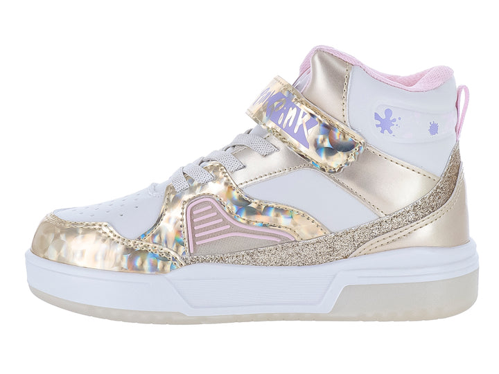 Tenis deportivos para niña en color oro con detalles brillantes, blanco y rosa, cierre de agujetas y correa superior.