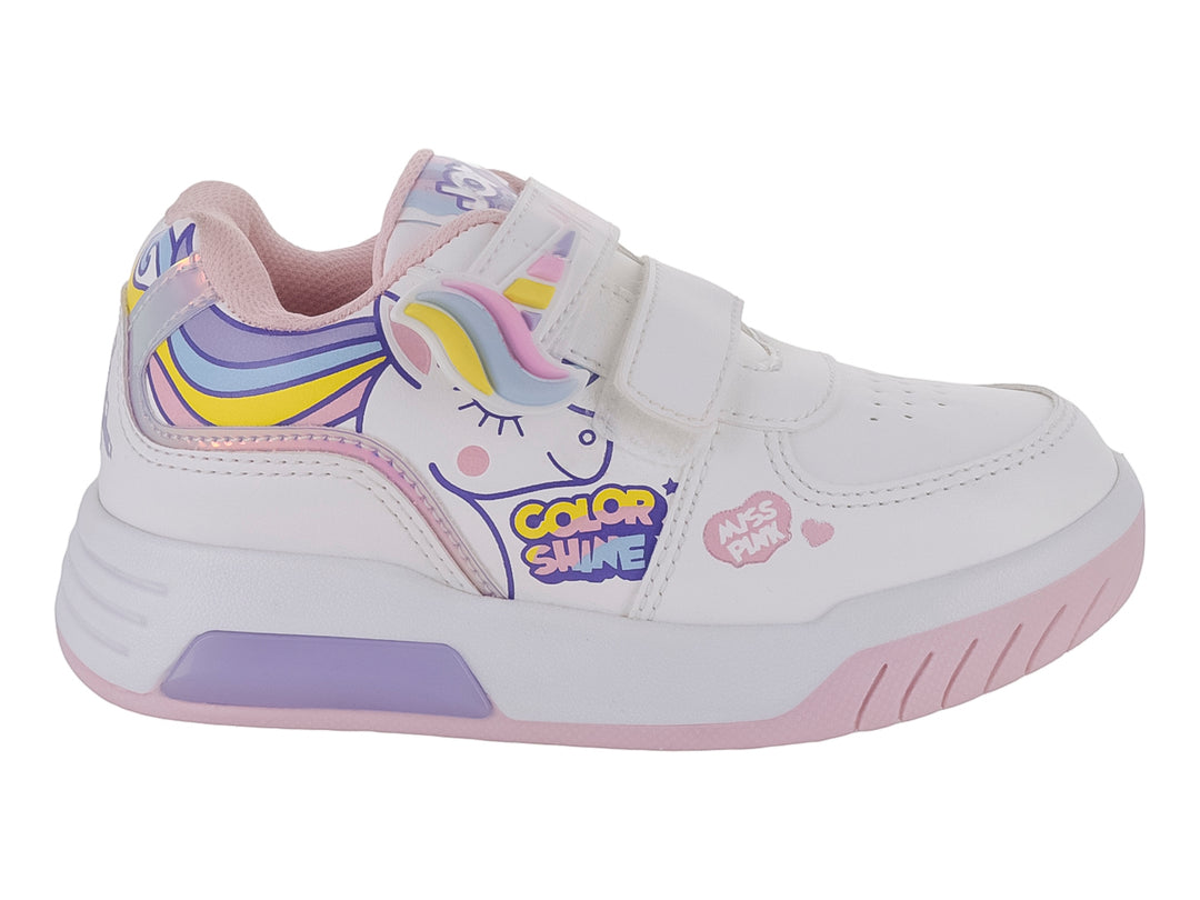 Tenis blancos para niña con diseño de unicornio en colores pastel y cierre de velcro.