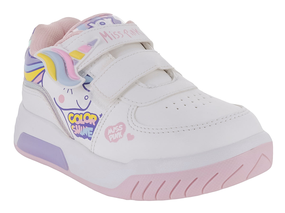 Tenis blancos para niña con diseño de unicornio en colores pastel y cierre de velcro.