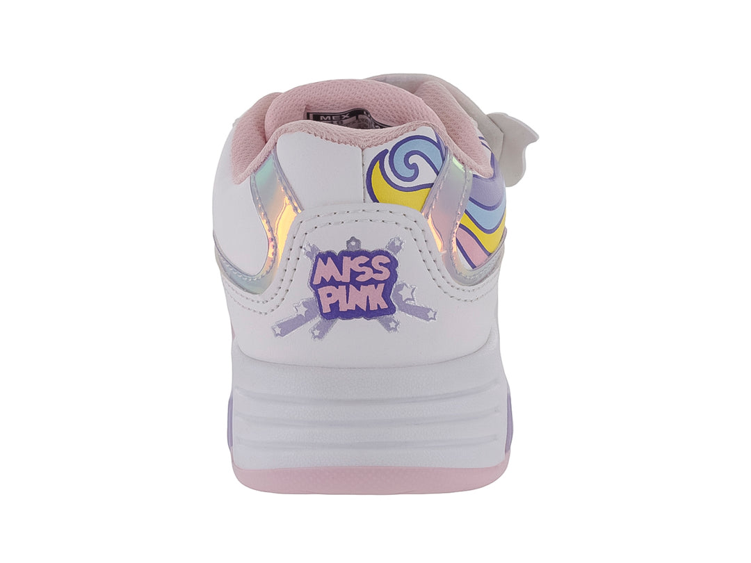Tenis blancos para niña con diseño de unicornio en colores pastel y cierre de velcro.