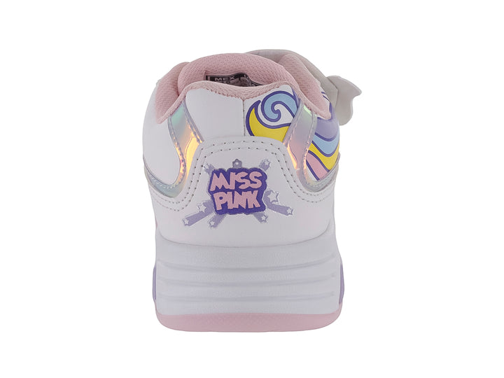Tenis blancos para niña con diseño de unicornio en colores pastel y cierre de velcro.