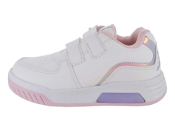 Tenis blancos para niña con diseño de unicornio en colores pastel y cierre de velcro.