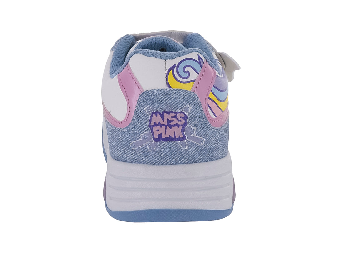 Tenis infantiles blancos y azul mezclilla con diseño de unicornio y cintas de velcro.