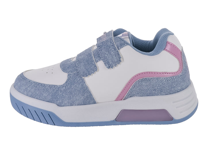 Tenis infantiles blancos y azul mezclilla con diseño de unicornio y cintas de velcro.
