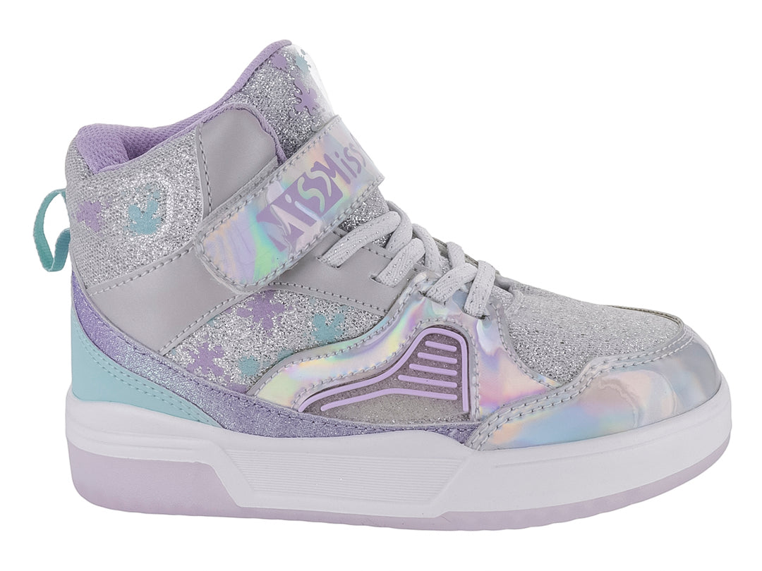Tenis deportivos para Niña en color plata y lila con acabado brillante, detalles de estrellas y correa ajustable.