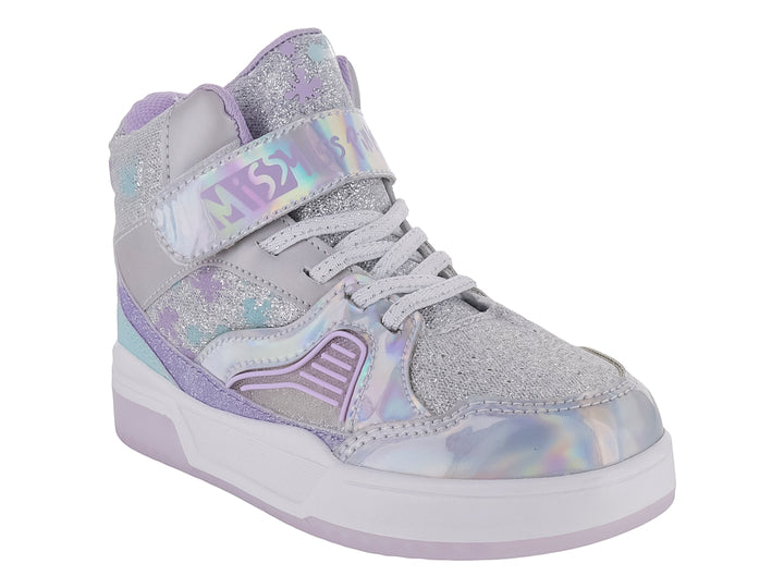 Tenis deportivos para Niña en color plata y lila con acabado brillante, detalles de estrellas y correa ajustable.