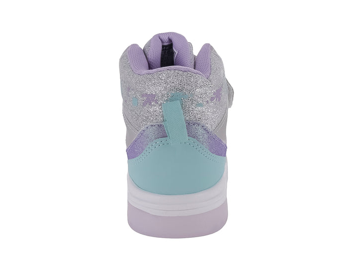 Tenis deportivos para Niña en color plata y lila con acabado brillante, detalles de estrellas y correa ajustable.