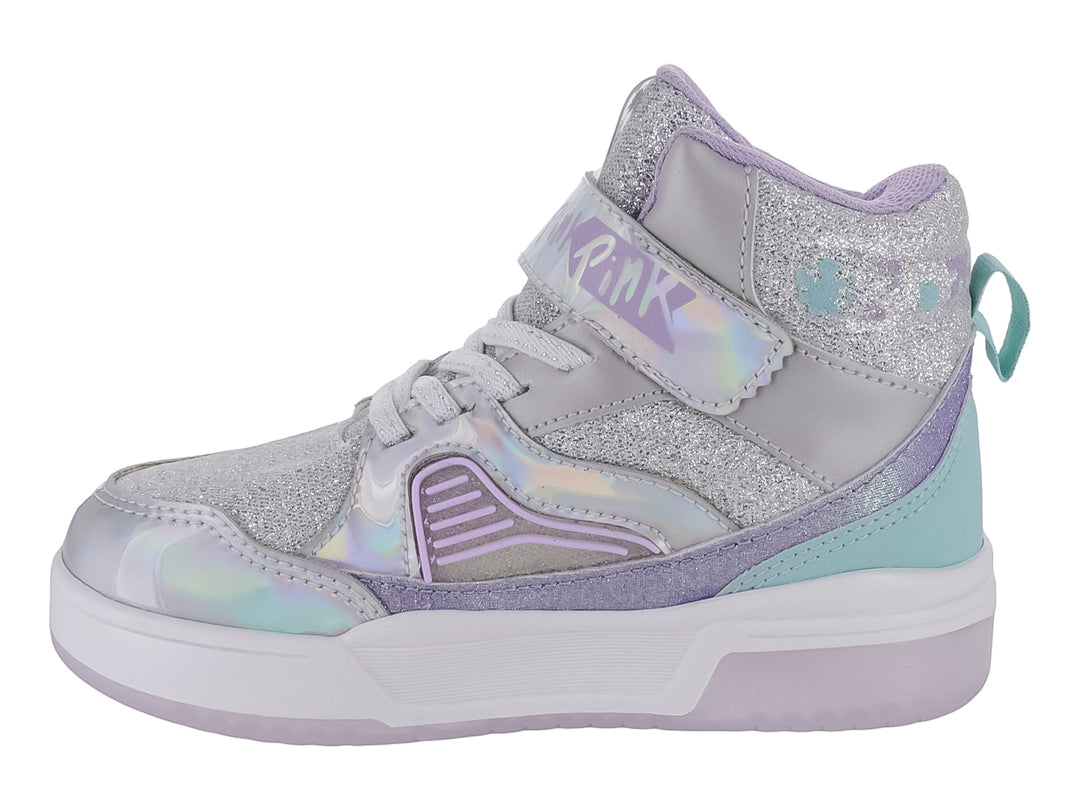 Tenis deportivos para Niña en color plata y lila con acabado brillante, detalles de estrellas y correa ajustable.