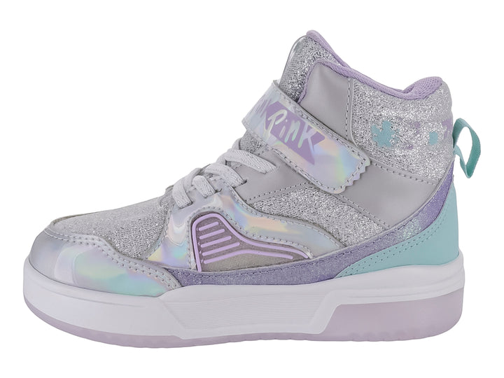 Tenis deportivos para Niña en color plata y lila con acabado brillante, detalles de estrellas y correa ajustable.