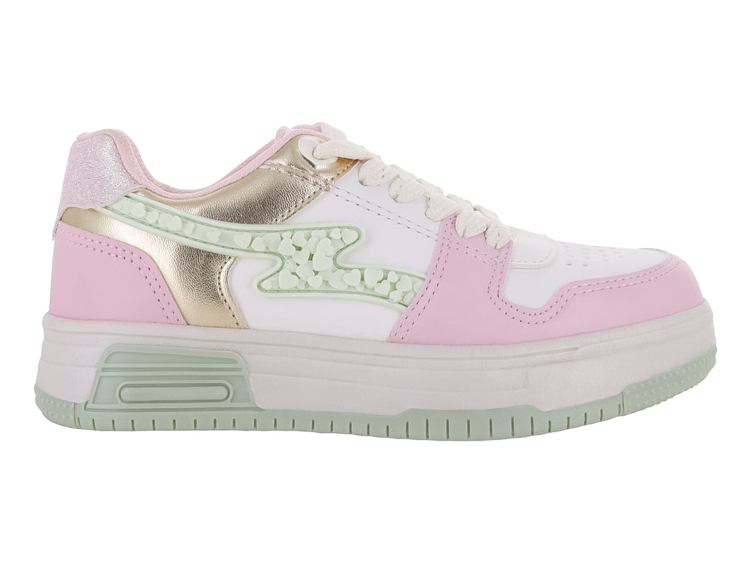 Tenis deportivos para niña en colores blanco y rosa con detalles dorados brillantes y suela de plataforma blanca.