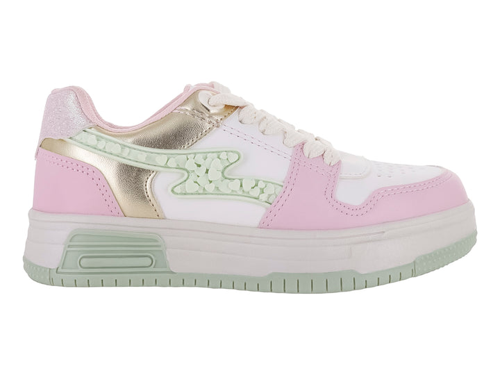 Tenis deportivos para niña en colores blanco y rosa con detalles dorados brillantes y suela de plataforma blanca.