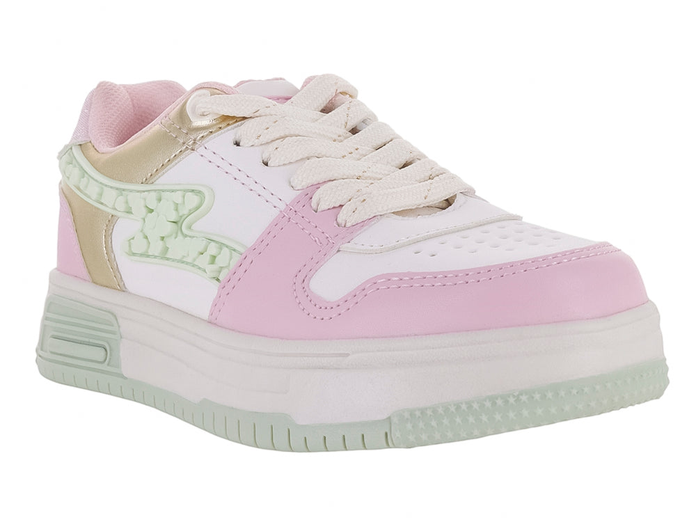 Tenis deportivos para niña en colores blanco y rosa con detalles dorados brillantes y suela de plataforma blanca.
