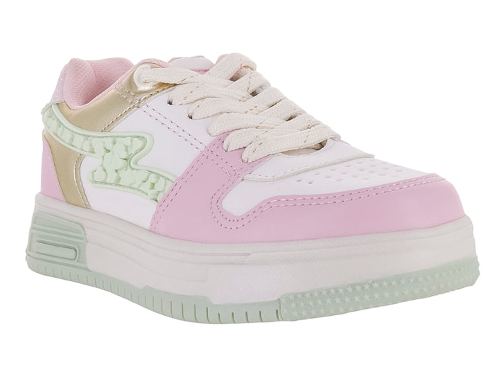 Tenis deportivos para niña en colores blanco y rosa con detalles dorados brillantes y suela de plataforma blanca.