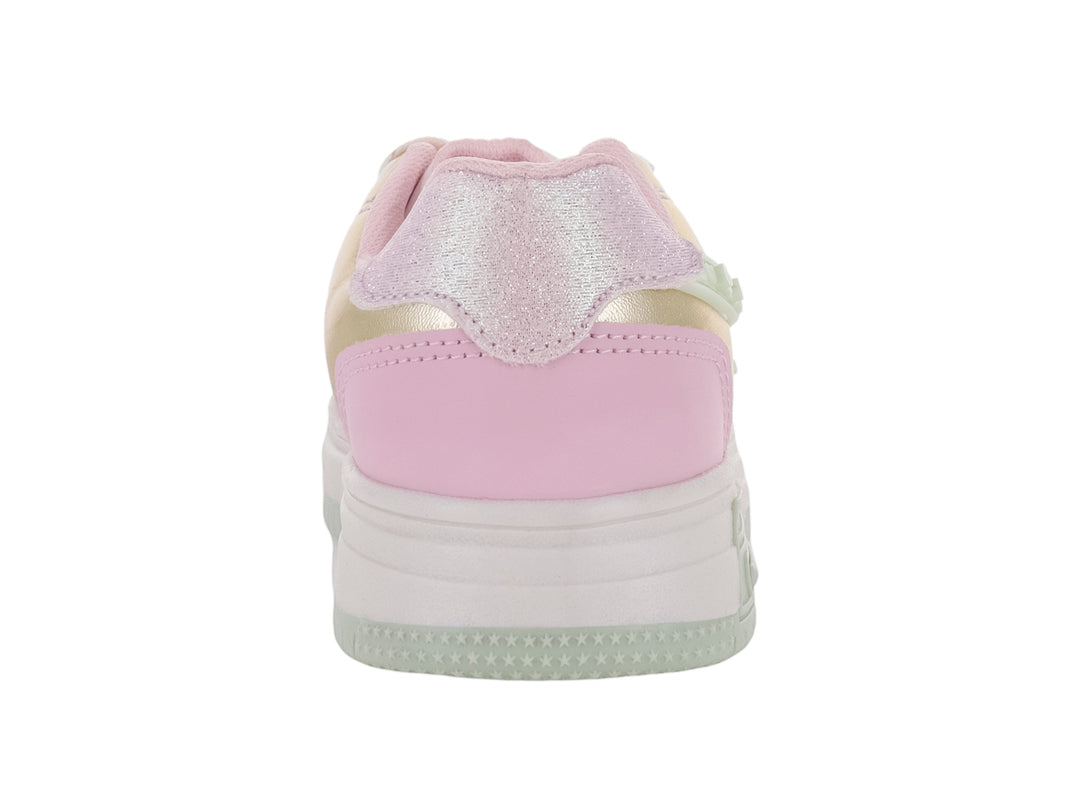 Tenis deportivos para niña en colores blanco y rosa con detalles dorados brillantes y suela de plataforma blanca.