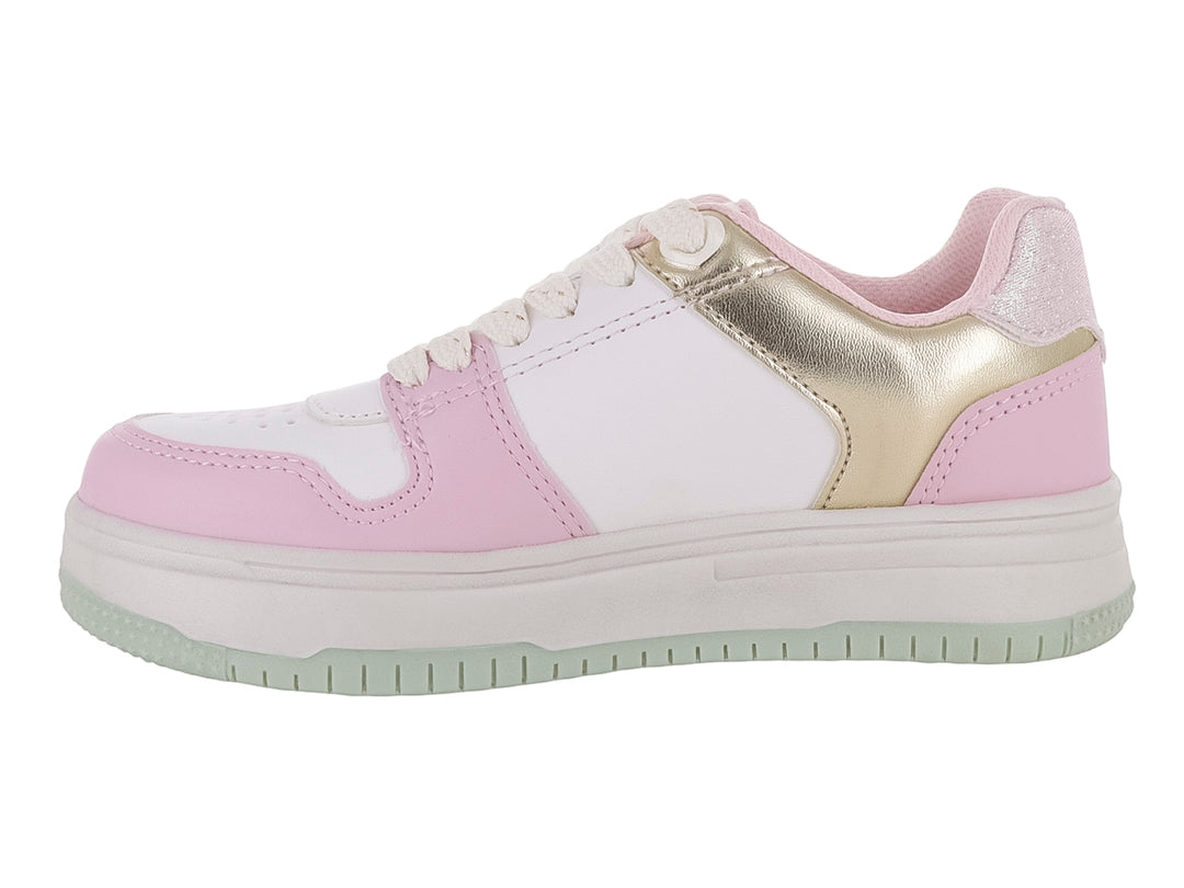 Tenis deportivos para niña en colores blanco y rosa con detalles dorados brillantes y suela de plataforma blanca.