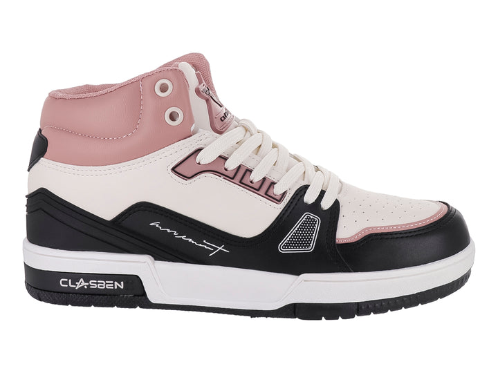 Tenis Clasben modelo Leila en colores latte, blanco y negro con diseño de cuello alto y suela blanca.