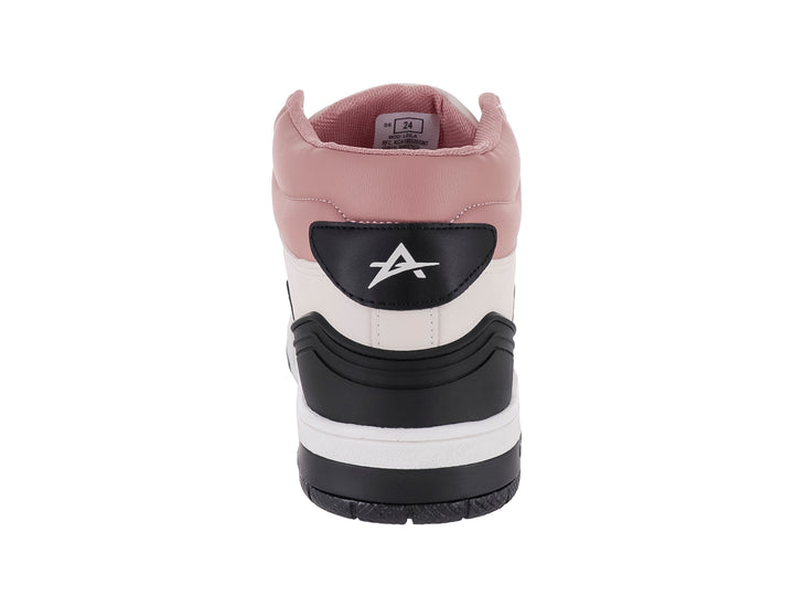 Tenis Clasben modelo Leila en colores latte, blanco y negro con diseño de cuello alto y suela blanca.