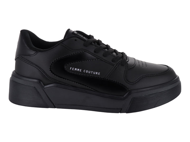 Tenis Clasben Deniz color negro con suela de plataforma y acabado brillante.