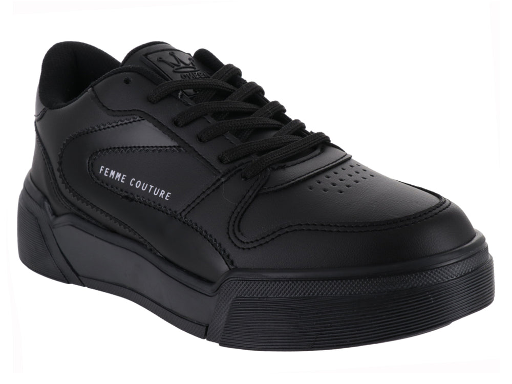 Tenis Clasben Deniz color negro con suela de plataforma y acabado brillante.
