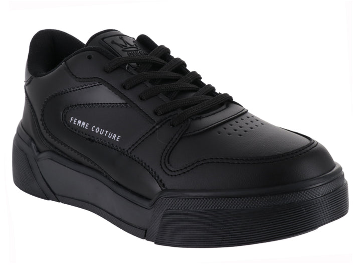 Tenis Clasben Deniz color negro con suela de plataforma y acabado brillante.