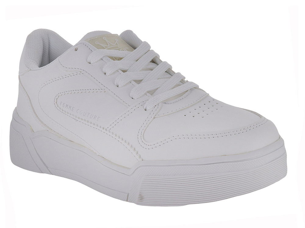 Tenis casuales para mujer en color blanco con suela de plataforma y acabado sintético liso.