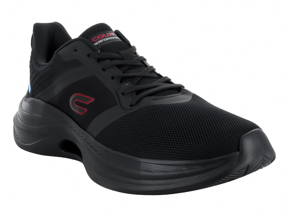 Tenis de baloncesto marca Court modelo 300C en color negro con detalles amarillos y azules en el talón.