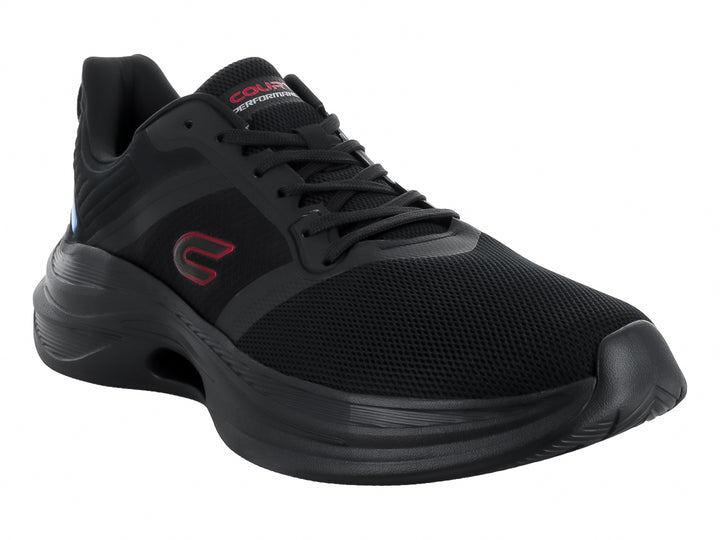 Tenis de baloncesto marca Court modelo 300C en color negro con detalles amarillos y azules en el talón.