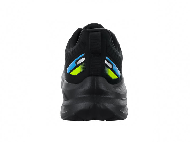 Tenis de baloncesto marca Court modelo 300C en color negro con detalles amarillos y azules en el talón.