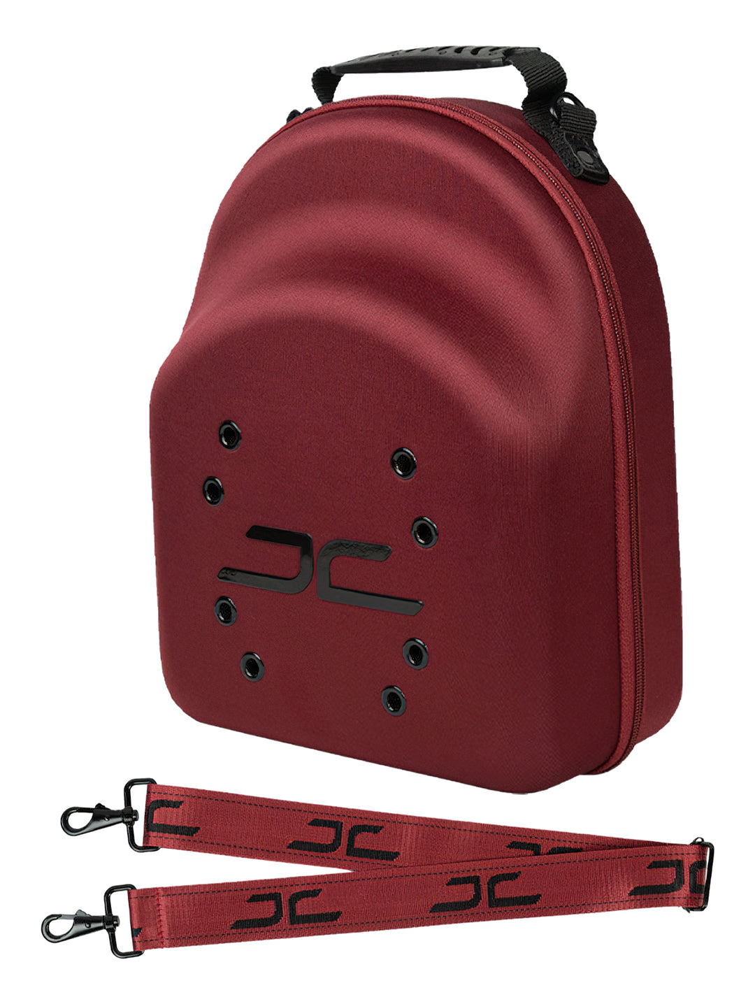 Estuche rígido color burgundy para transportar gorras con asa, correa ajustable y logotipos JC en negro.