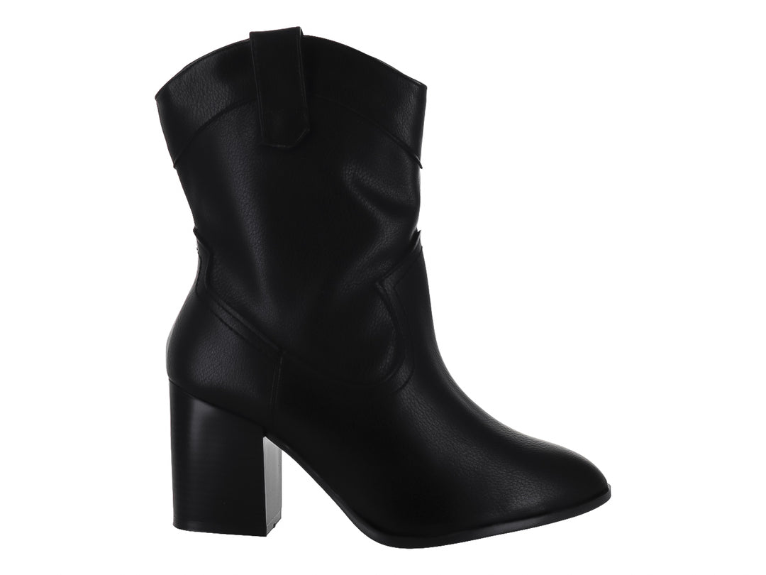 Bota negra de mujer estilo rodeo con tacón cuadrado y acabado liso.