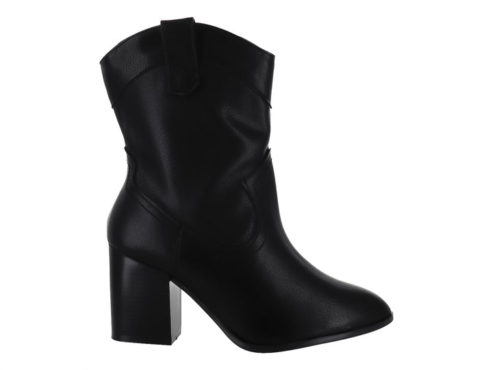 Bota negra de mujer estilo rodeo con tacón cuadrado y acabado liso.