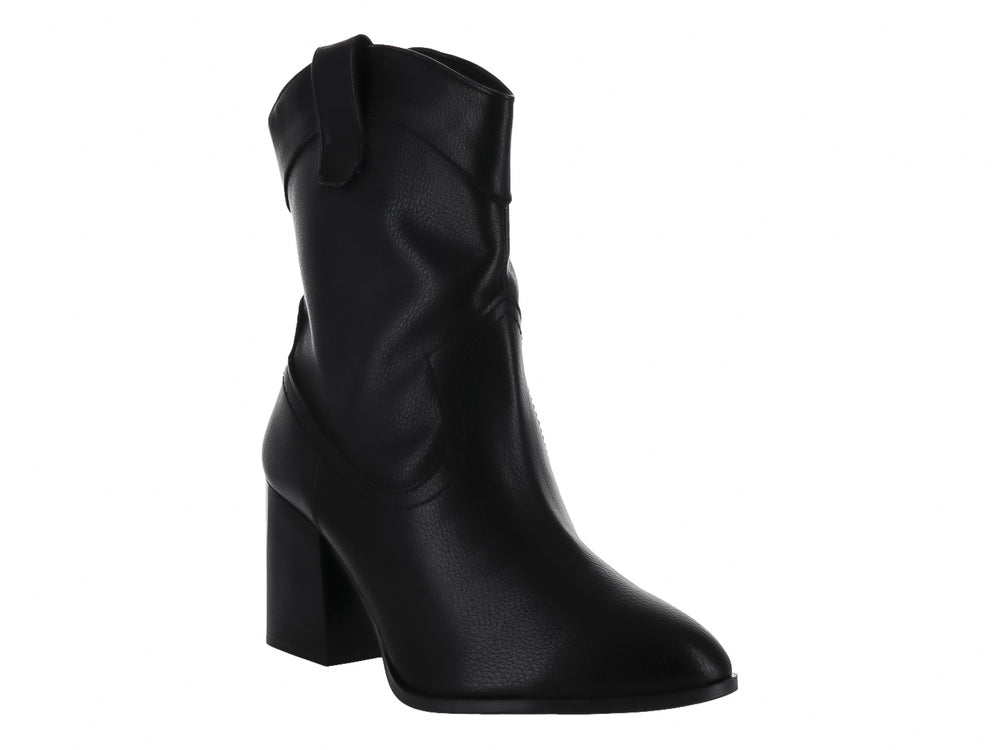 Bota negra de mujer estilo rodeo con tacón cuadrado y acabado liso.