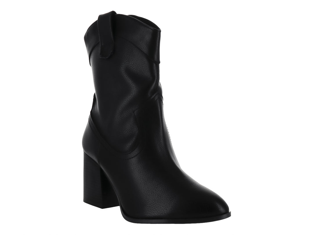 Bota negra de mujer estilo rodeo con tacón cuadrado y acabado liso.