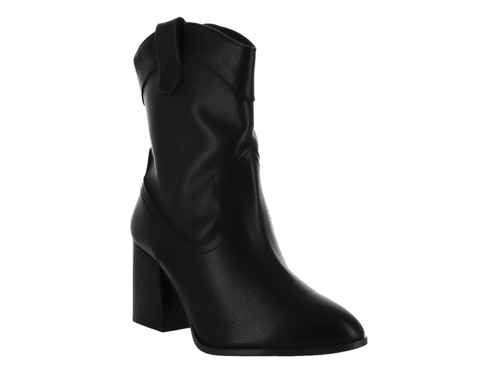Bota negra de mujer estilo rodeo con tacón cuadrado y acabado liso.