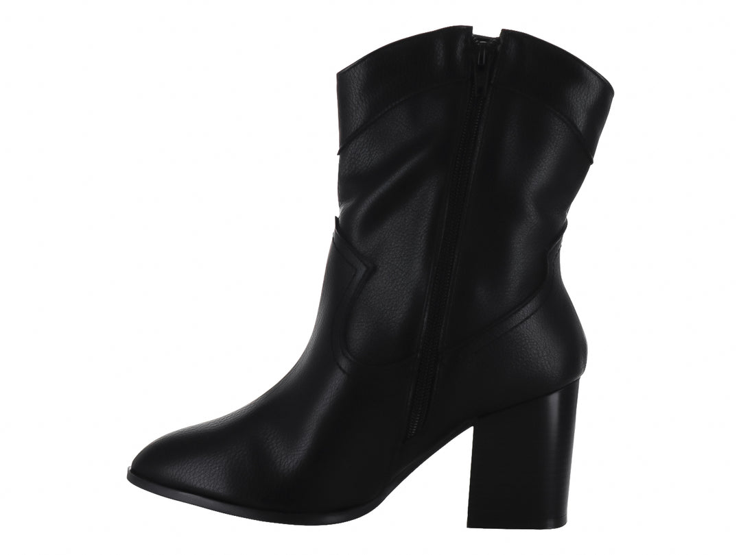 Bota negra de mujer estilo rodeo con tacón cuadrado y acabado liso.