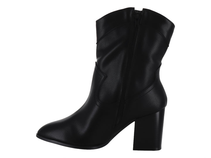 Bota negra de mujer estilo rodeo con tacón cuadrado y acabado liso.