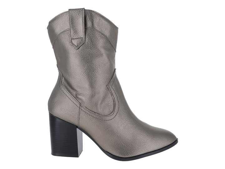 Bota texana para mujer en color plata metálico con tacón cuadrado negro.