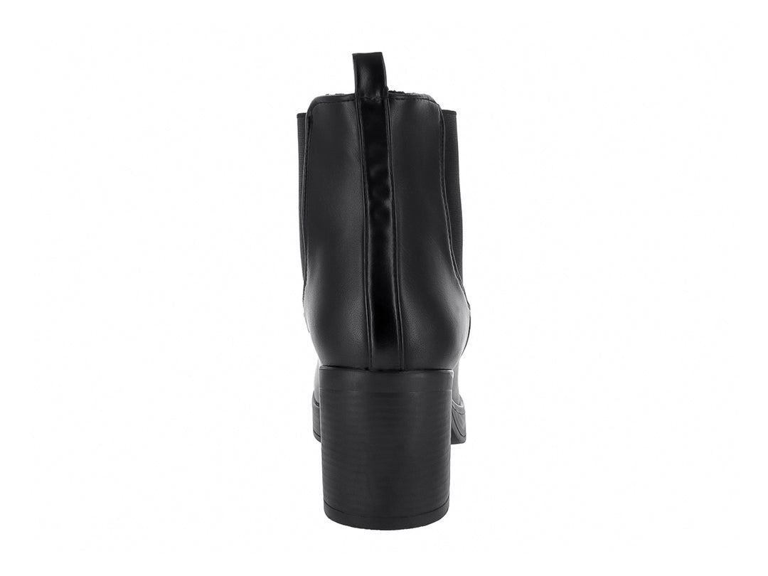 Bota negra de tobillo con tacón cuadrado y plataforma, diseño moderno y elegante.