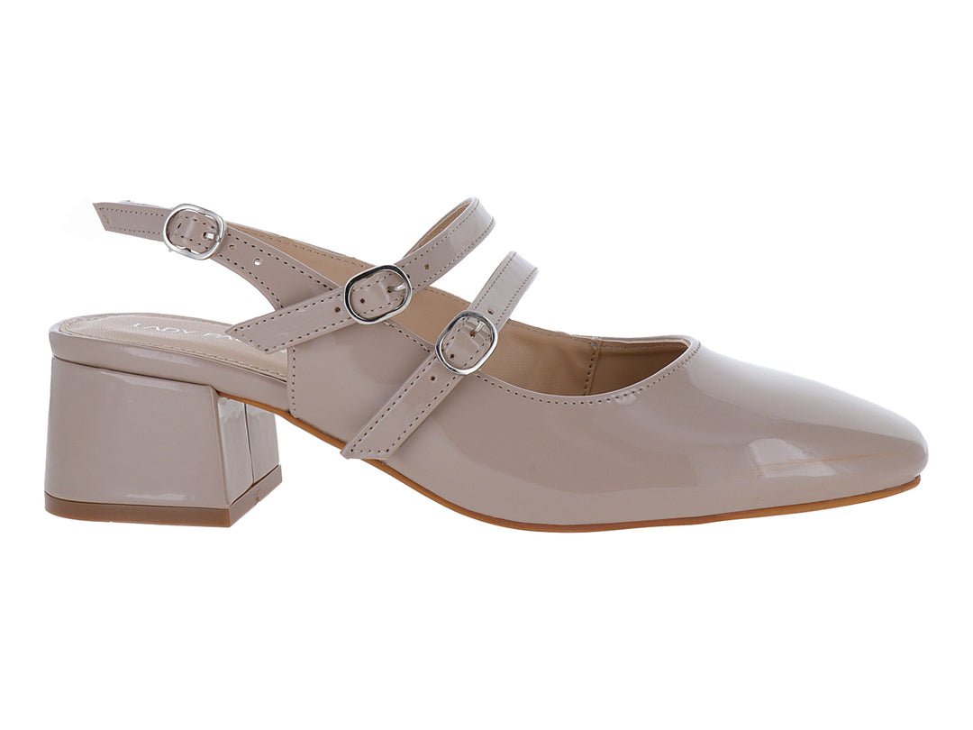 Zapato Mary Jane color clay de charol brillante con tacón cuadrado y correas con hebillas.