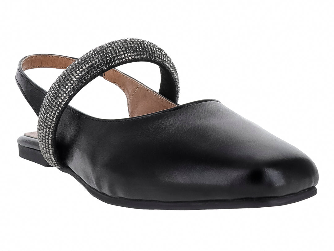 Zapato plano negro para Mujer con correa brillante y correa posterior.