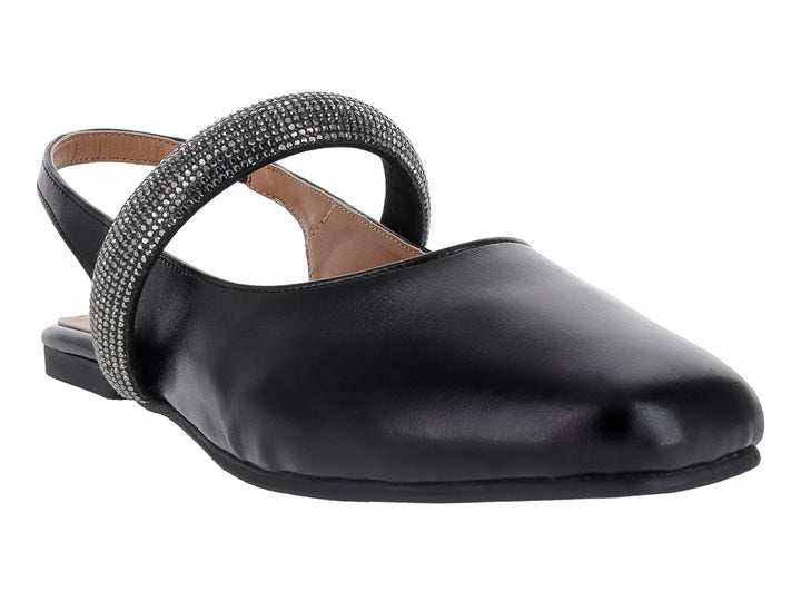 Zapato plano negro para Mujer con correa brillante y correa posterior.