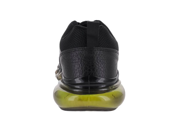 Tenis de baloncesto marca Makena en color negro con suela amortiguadora transparente en tono amarillo neón.