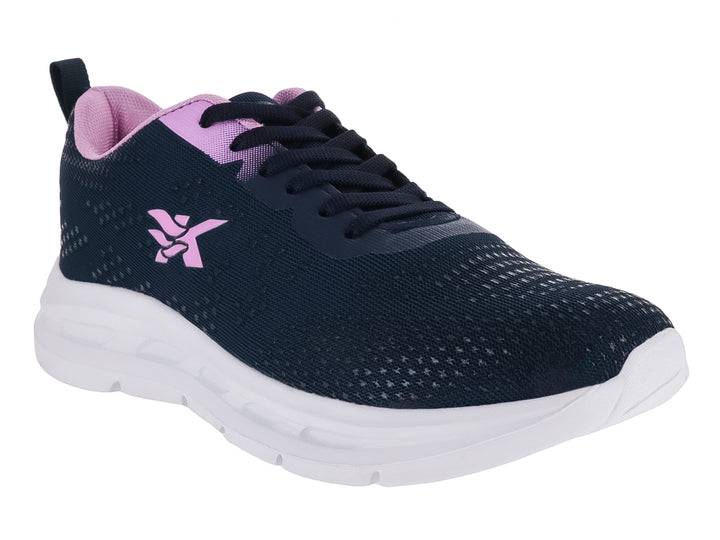 Tenis deportivos color azul marino con suela blanca y detalles en rosa.