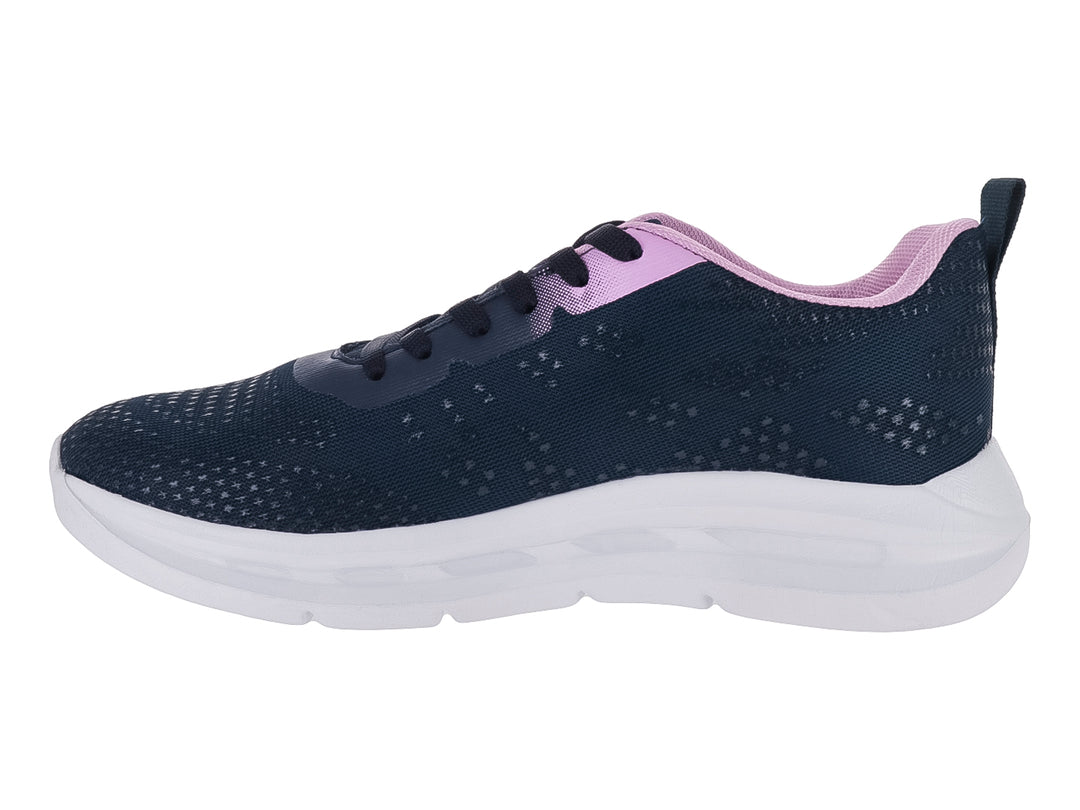 Tenis deportivos color azul marino con suela blanca y detalles en rosa.