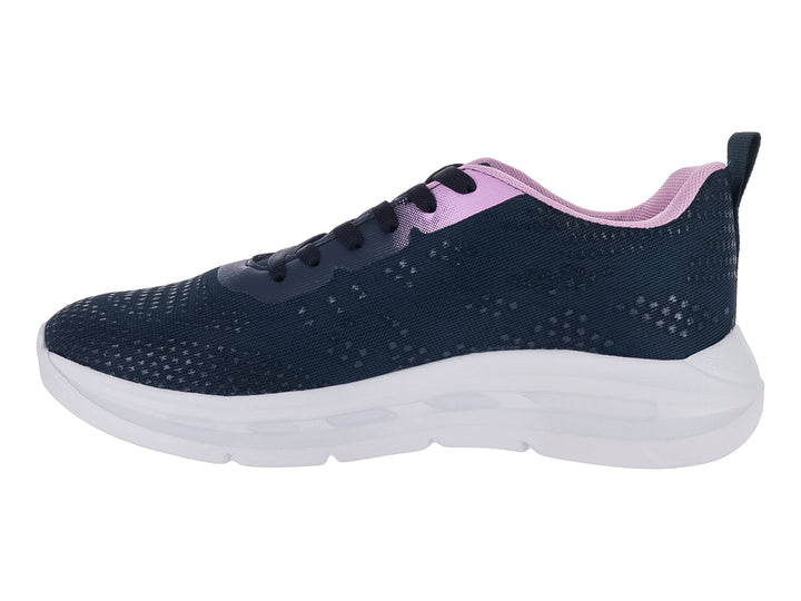 Tenis deportivos color azul marino con suela blanca y detalles en rosa.