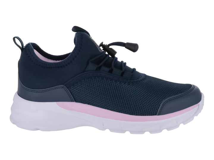 Tenis deportivos marca Makena en color marino con detalles en rosa y suela blanca para niña.